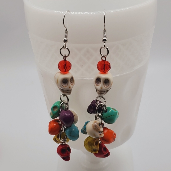 New natural stone day of the dead skull colorful earrings long - Picture 3 of 12
